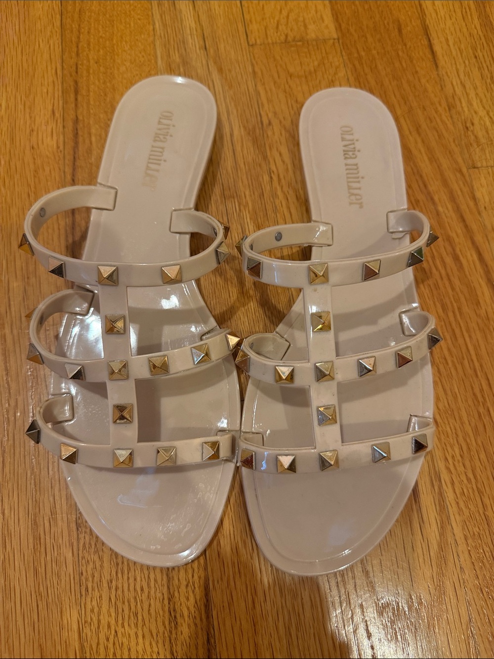 Olivia Miller Nude Patent Studded Slide Sandals